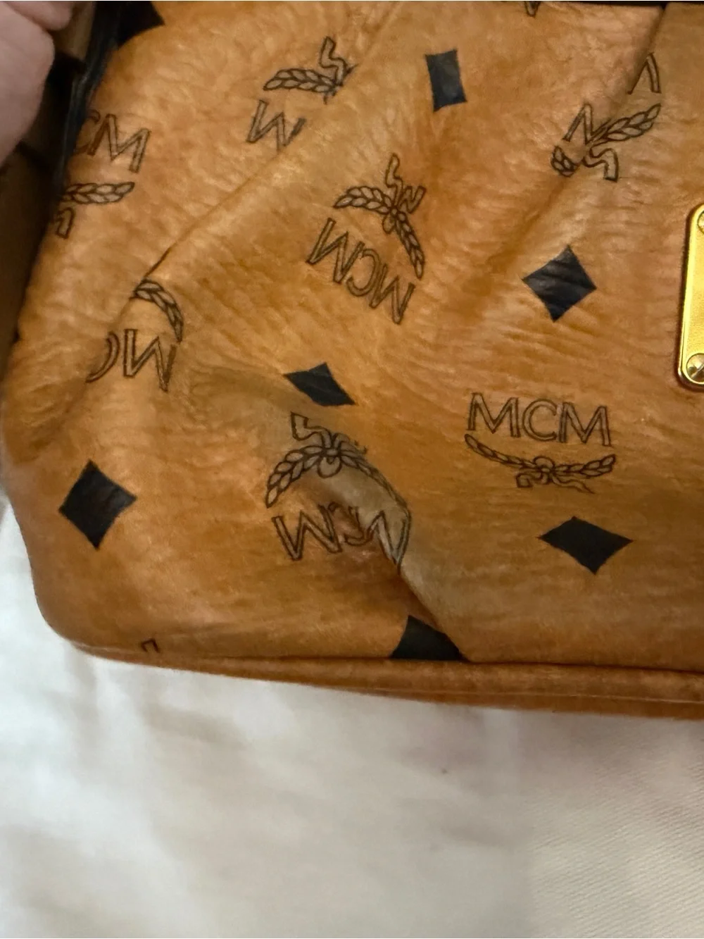 MCM Cognac Logo Print Shoulder Bag with Gold Plate